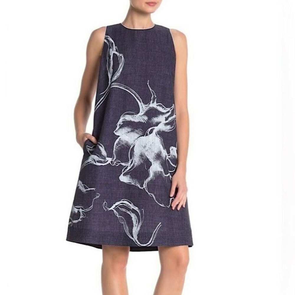 Lafayette 148 Hana Print Chambray Floral Cotton Dress with pockets